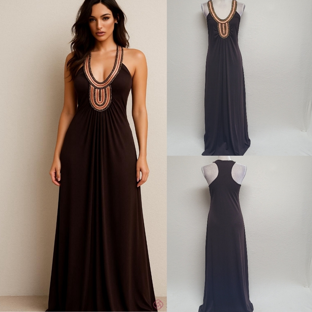 90s Vintage Maurices Brown Stretchy Multi-color Bead Racerback Fitted Maxi Dress
